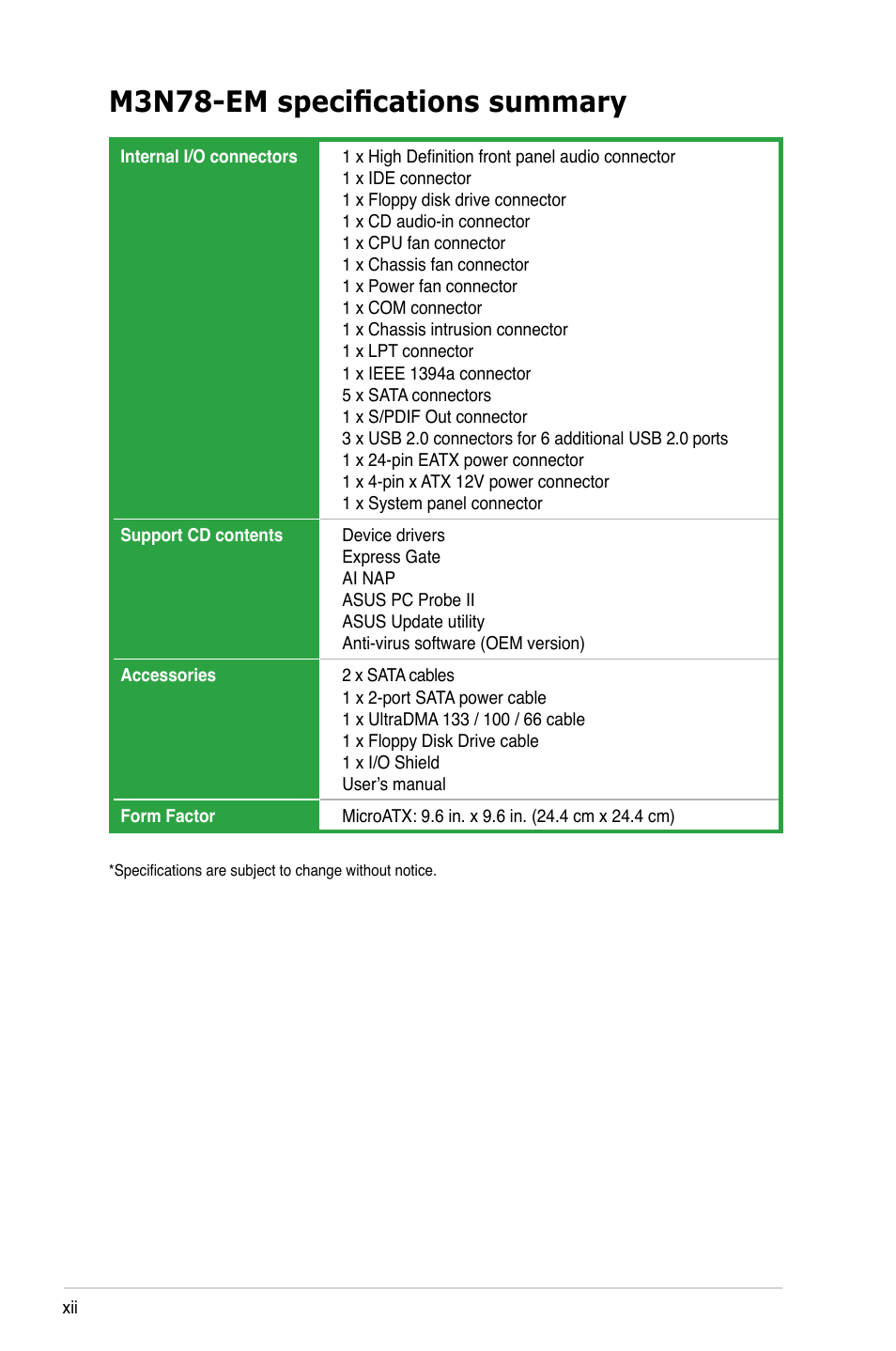 M3n78-em specifications summary | Asus M3N78-EM User Manual | Page 12 / 114