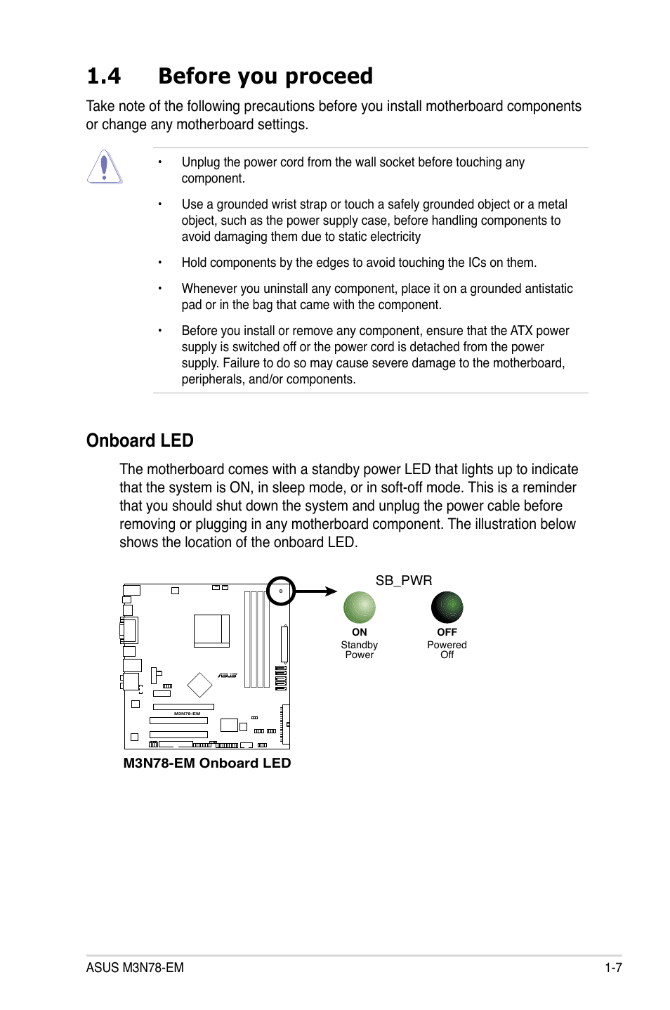 4 before you proceed, Before you proceed -7, Onboard led | Asus M3N78-EM User Manual | Page 19 / 114