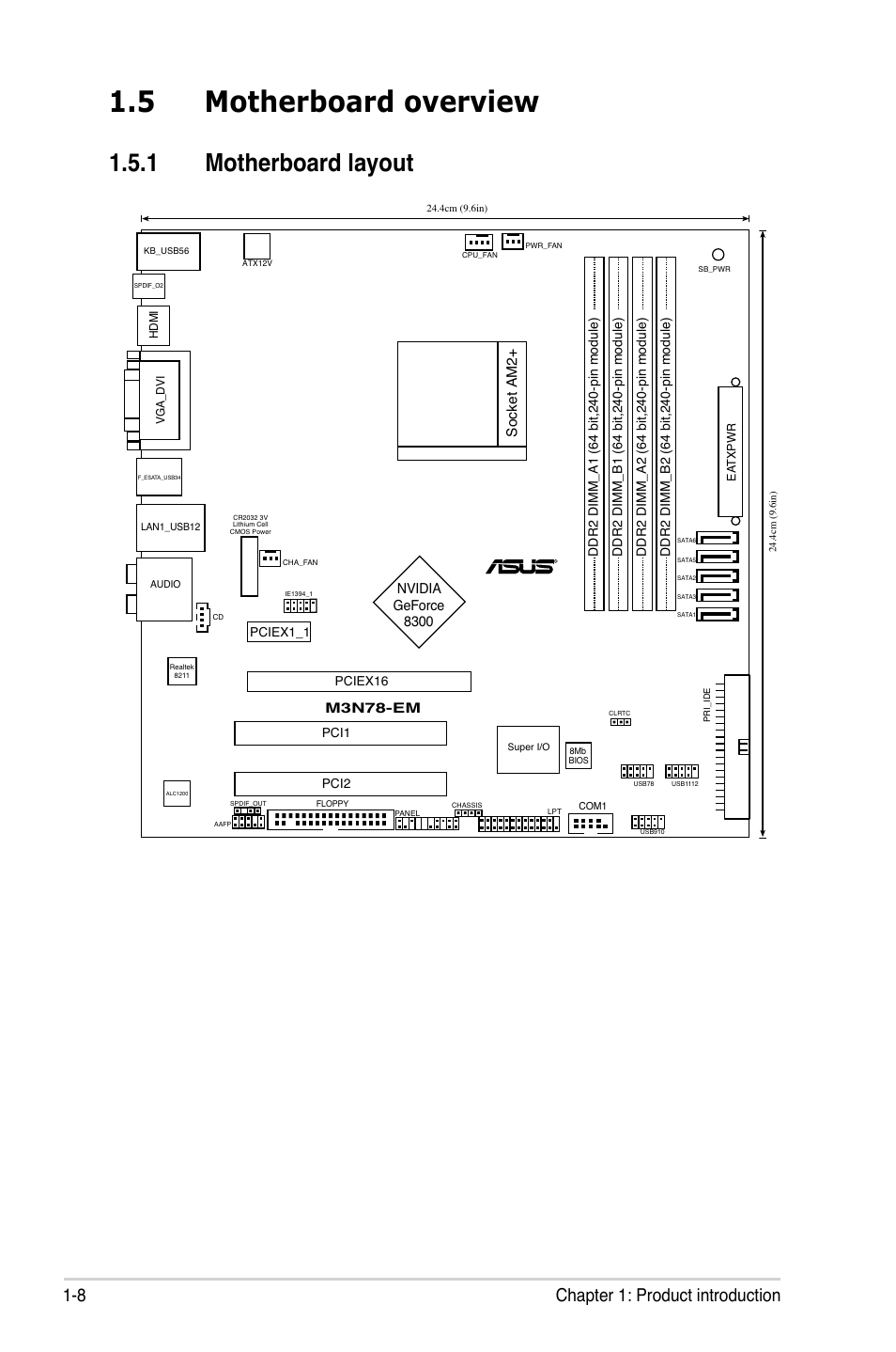 5 motherboard overview, 1 motherboard layout, Motherboard overview -8 1.5.1 | Motherboard layout -8, 8 chapter 1: product introduction, Socket am2, Nvidia geforce 8300 | Asus M3N78-EM User Manual | Page 20 / 114