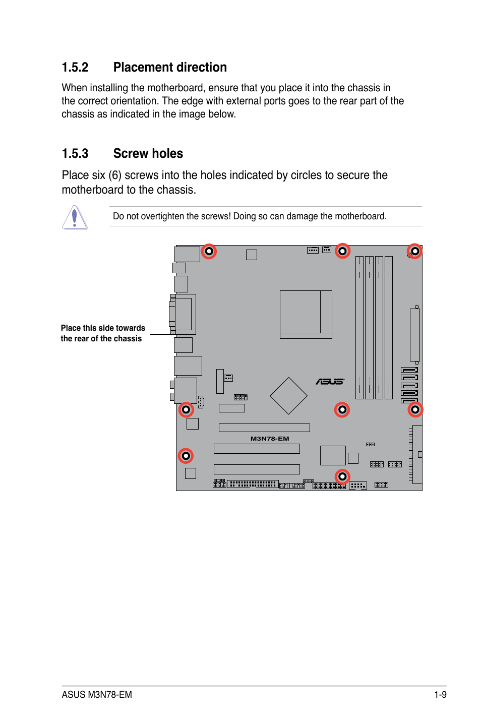 2 placement direction, 3 screw holes, Placement direction -9 | Screw holes -9 | Asus M3N78-EM User Manual | Page 21 / 114