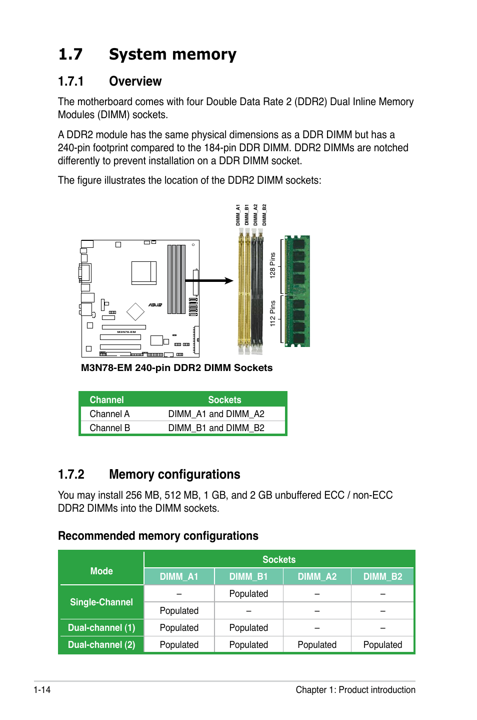 7 system memory, 1 overview, 2 memory configurations | System memory -14 1.7.1, Overview -14, Memory configurations -14 | Asus M3N78-EM User Manual | Page 26 / 114