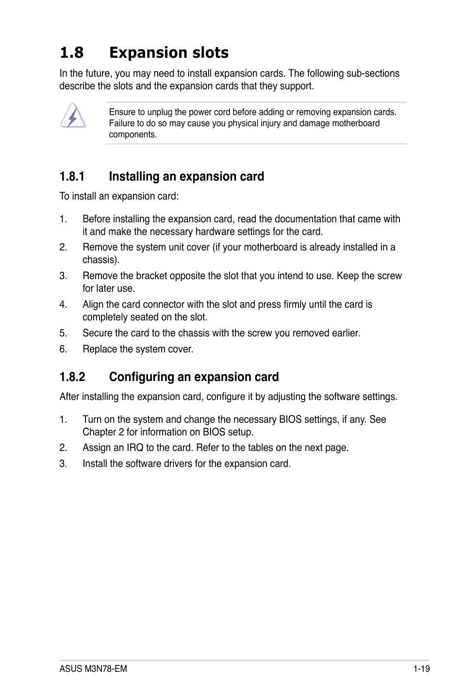 8 expansion slots, 1 installing an expansion card, 2 configuring an expansion card | Expansion slots -19 1.8.1, Installing an expansion card -19, Configuring an expansion card -19 | Asus M3N78-EM User Manual | Page 31 / 114