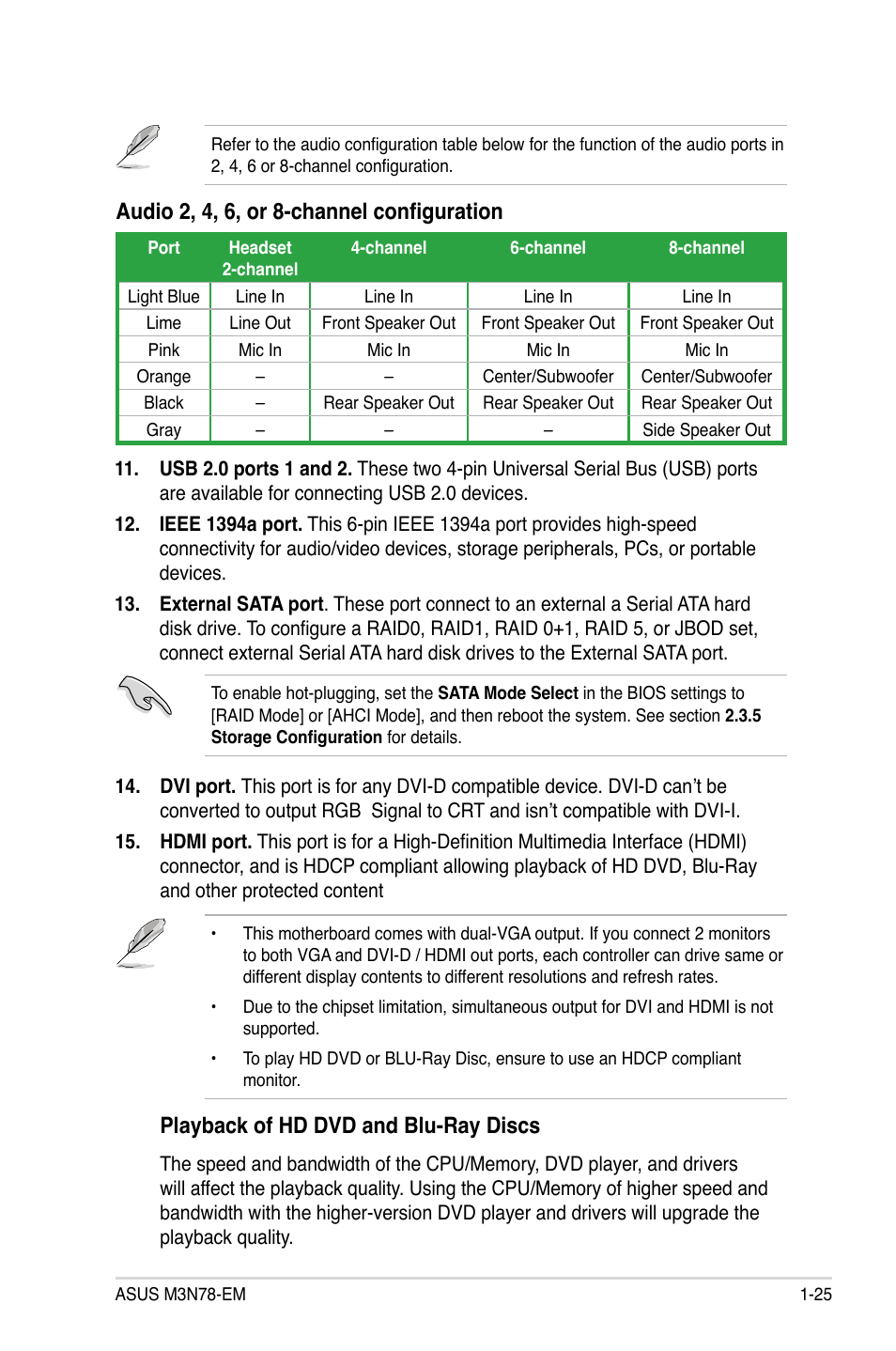 Playback of hd dvd and blu-ray discs, Audio 2, 4, 6, or 8-channel configuration | Asus M3N78-EM User Manual | Page 37 / 114