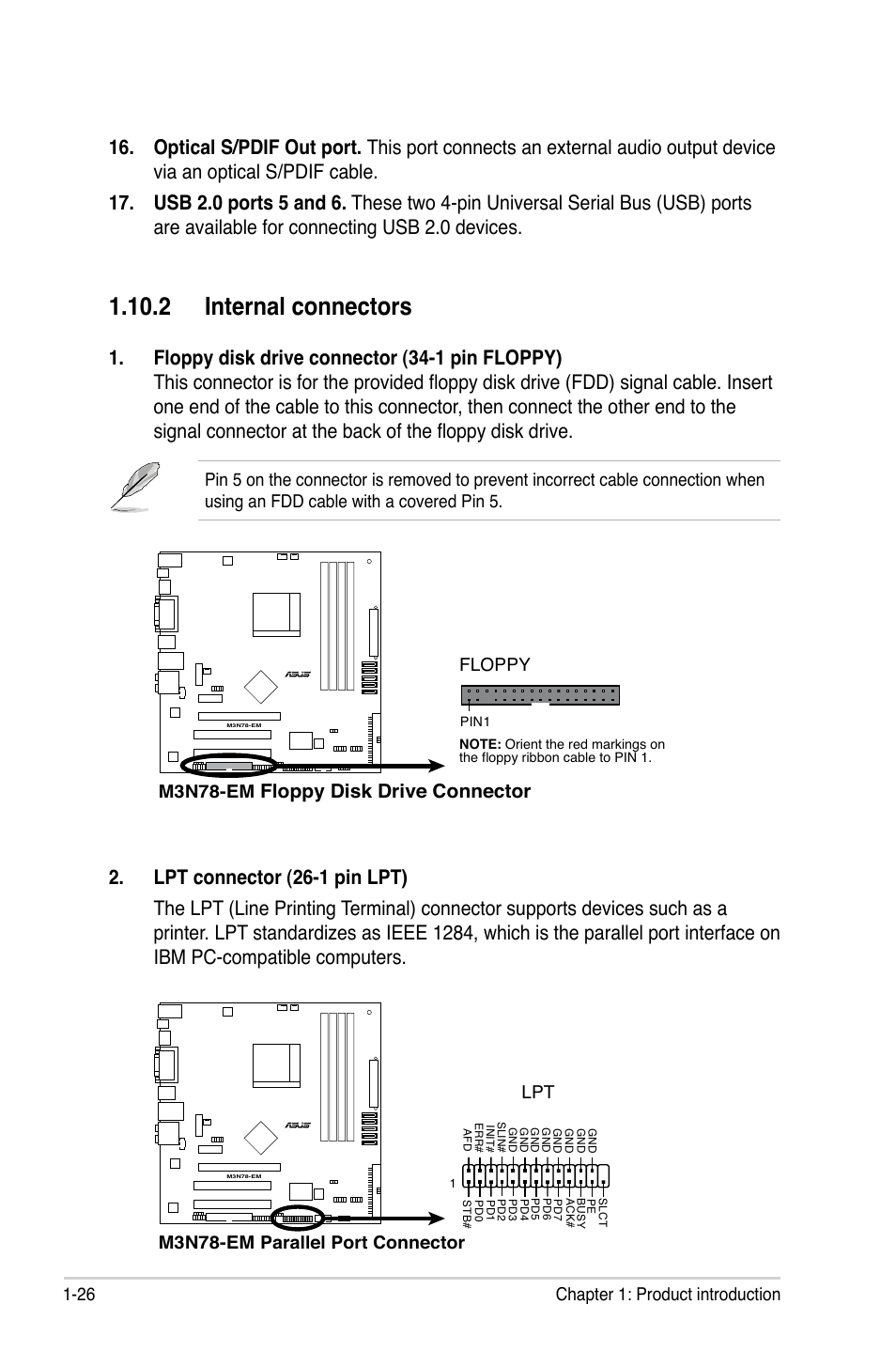 2 internal connectors, 2 internal connectors -26, Floppy disk drive connector | 26 chapter 1: product introduction, M3n78-em, Floppy, M3n78-em parallel port connector lpt | Asus M3N78-EM User Manual | Page 38 / 114