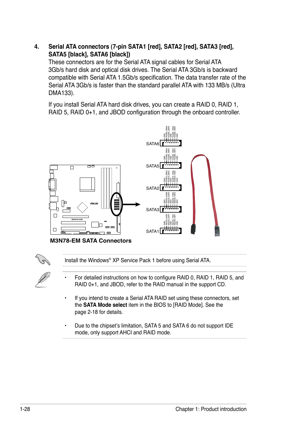 28 chapter 1: product introduction, Install the windows, M3n78-em sata connectors | Sata5, Sata6, Sata2, Sata3, Sata1 r | Asus M3N78-EM User Manual | Page 40 / 114