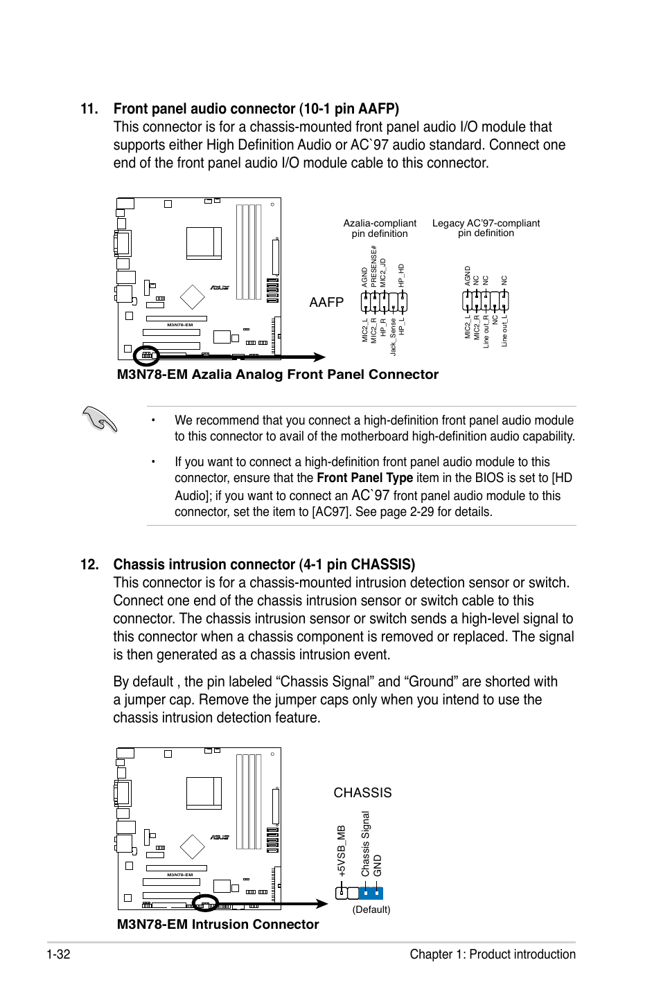 Ac`97, 32 chapter 1: product introduction, M3n78-em azalia analog front panel connector | Aafp, M3n78-em intrusion connector chassis | Asus M3N78-EM User Manual | Page 44 / 114