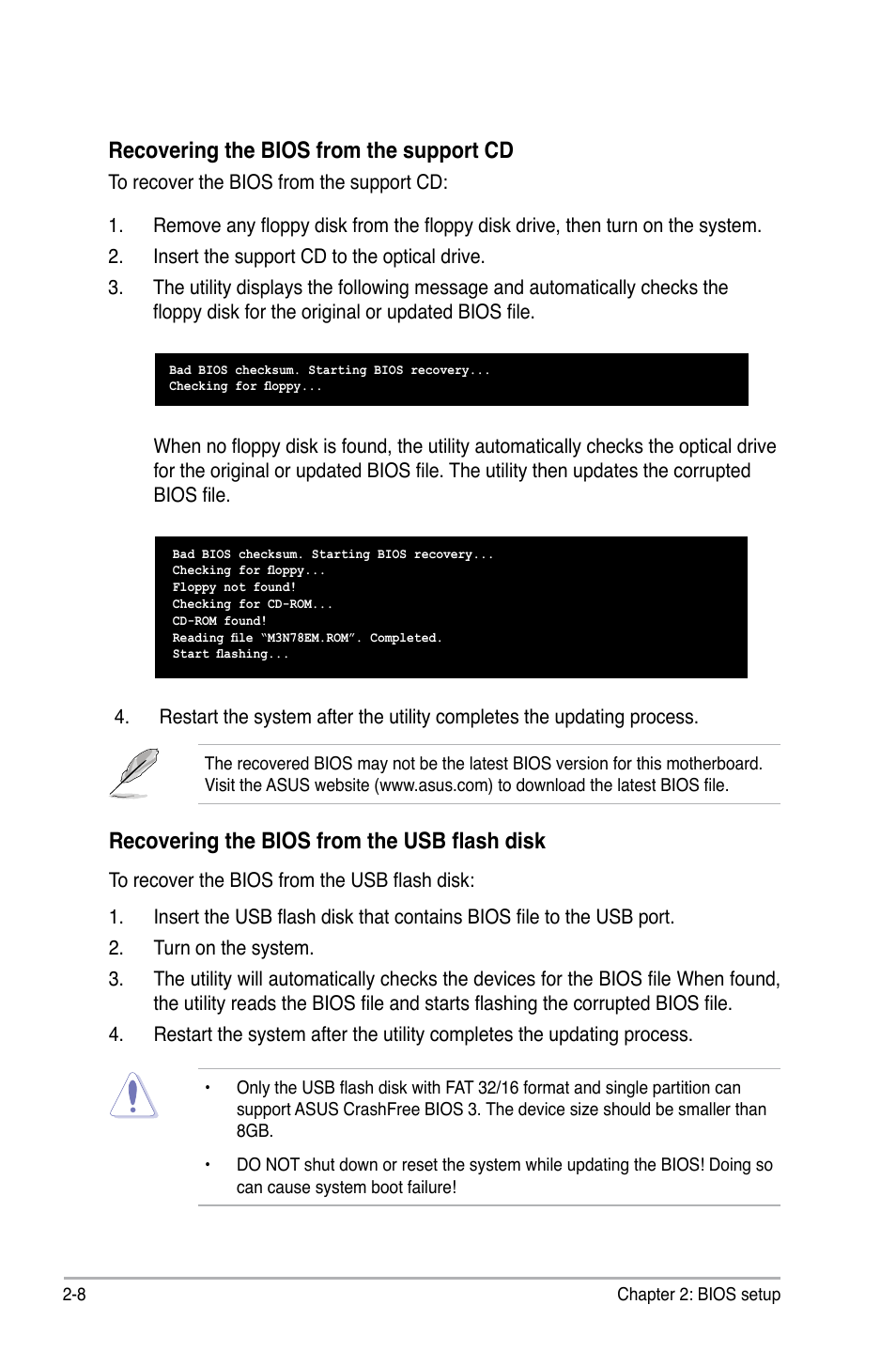 Recovering the bios from the support cd, Recovering the bios from the usb flash disk | Asus M3N78-EM User Manual | Page 54 / 114