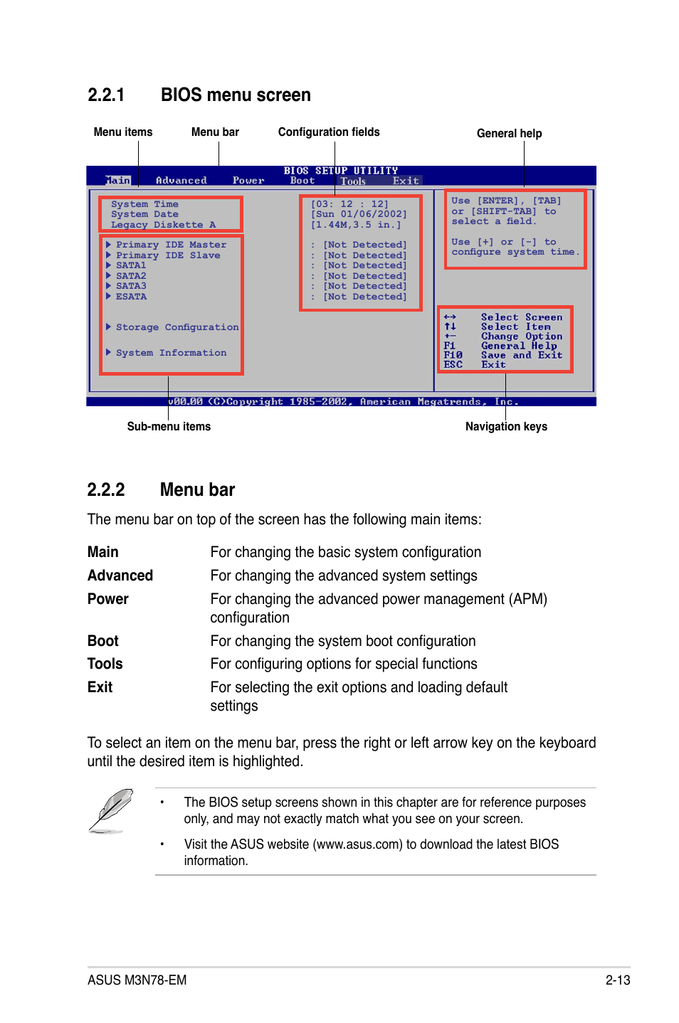 1 bios menu screen, 2 menu bar | Asus M3N78-EM User Manual | Page 59 / 114