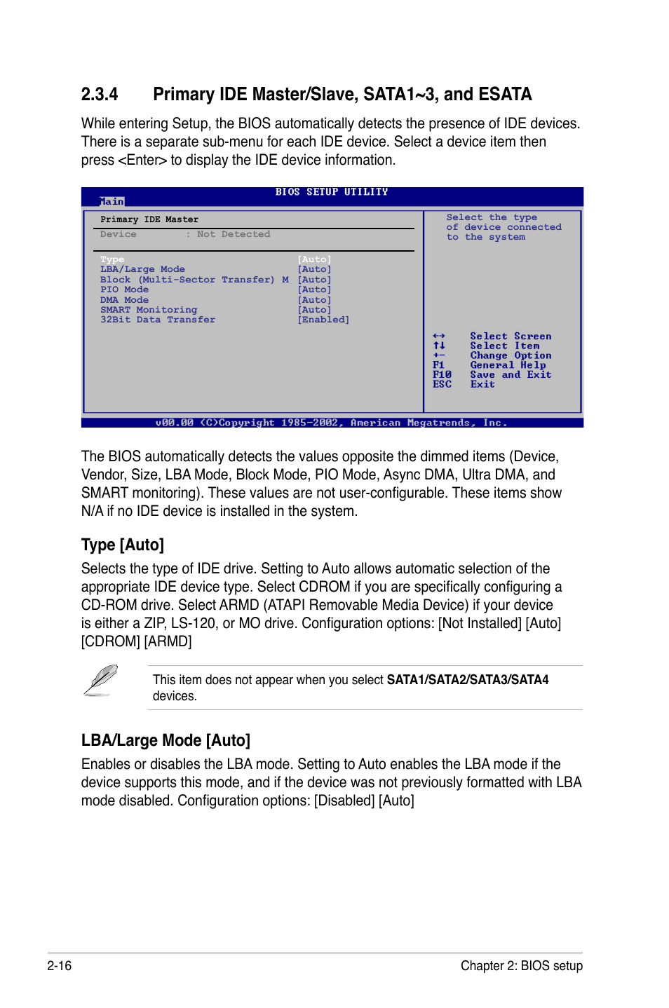 4 primary ide master/slave, sata1~3, and esata, Type [auto, Lba/large mode [auto | Asus M3N78-EM User Manual | Page 62 / 114