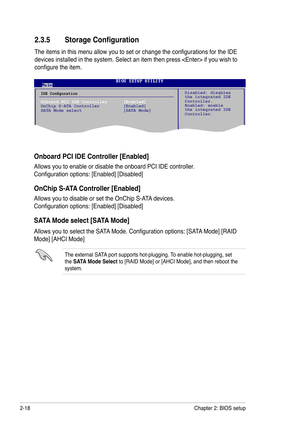 5 storage configuration, Onboard pci ide controller [enabled, Onchip s-ata controller [enabled | Sata mode select [sata mode | Asus M3N78-EM User Manual | Page 64 / 114