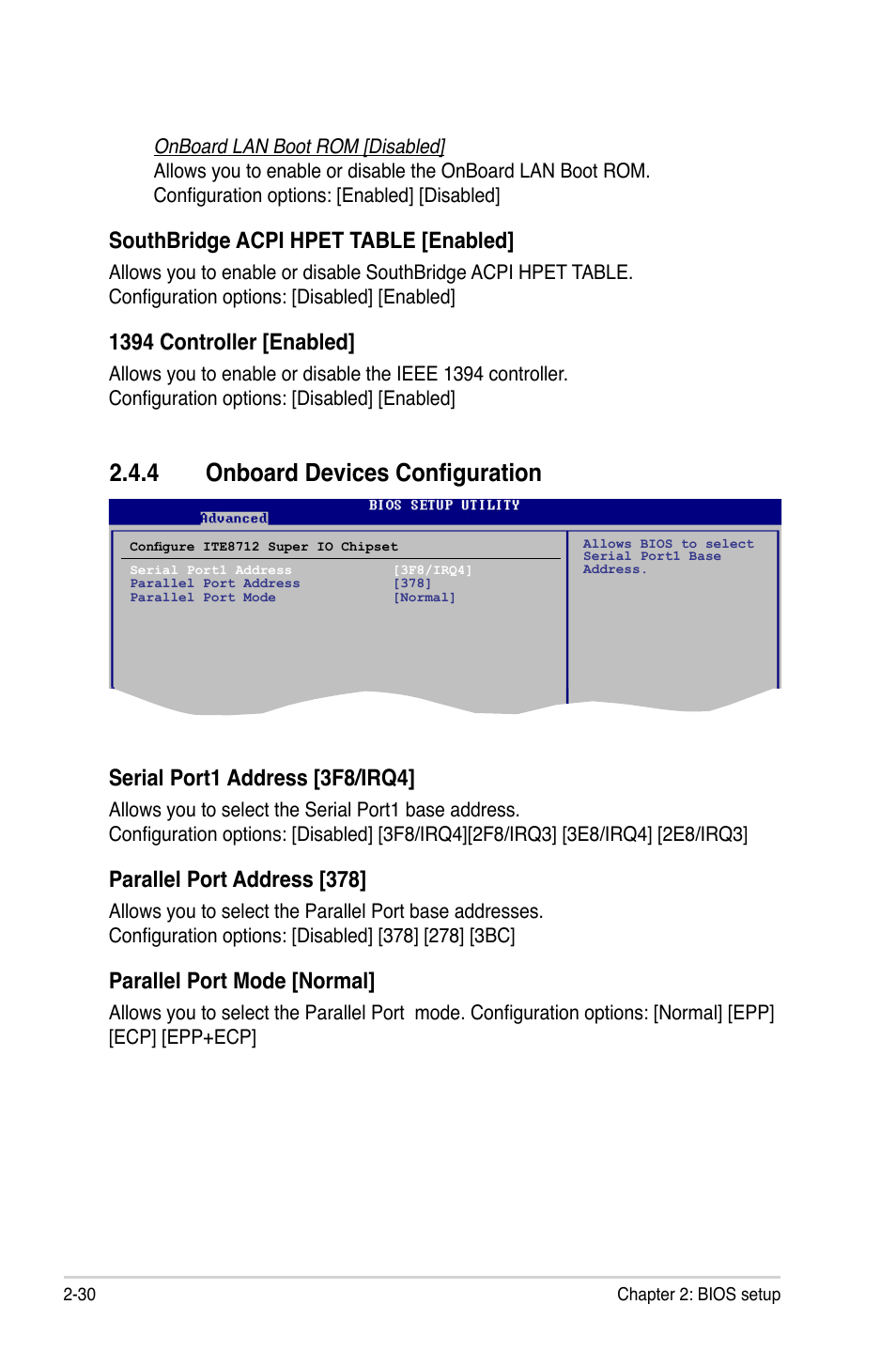 4 onboard devices configuration, Southbridge acpi hpet table [enabled, 1394 controller [enabled | Serial port1 address [3f8/irq4, Parallel port address [378, Parallel port mode [normal | Asus M3N78-EM User Manual | Page 76 / 114