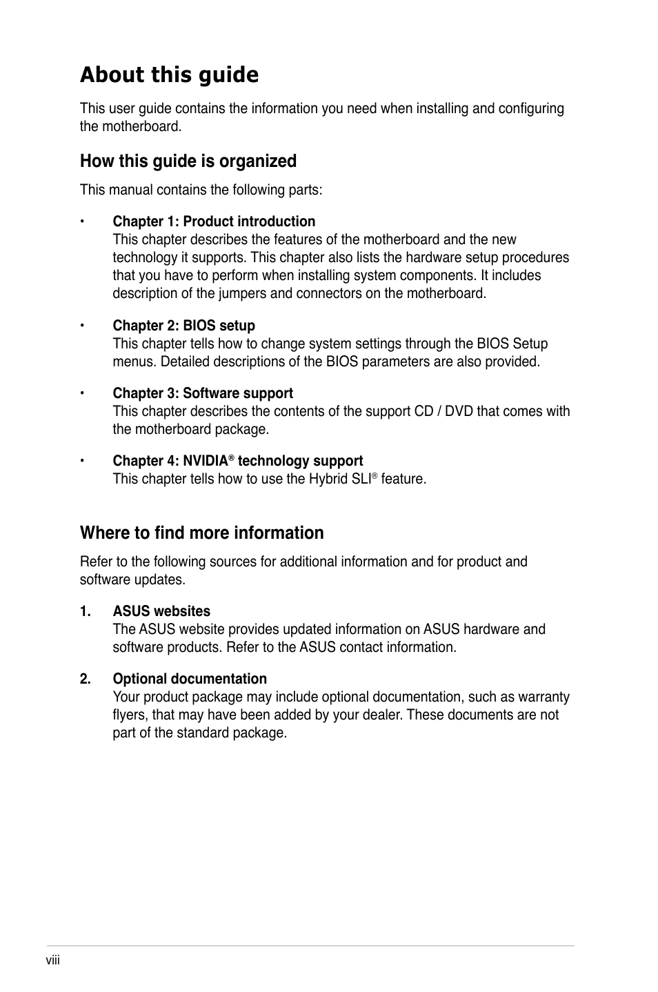 About this guide, How this guide is organized, Where to find more information | Asus M3N78-EM User Manual | Page 8 / 114