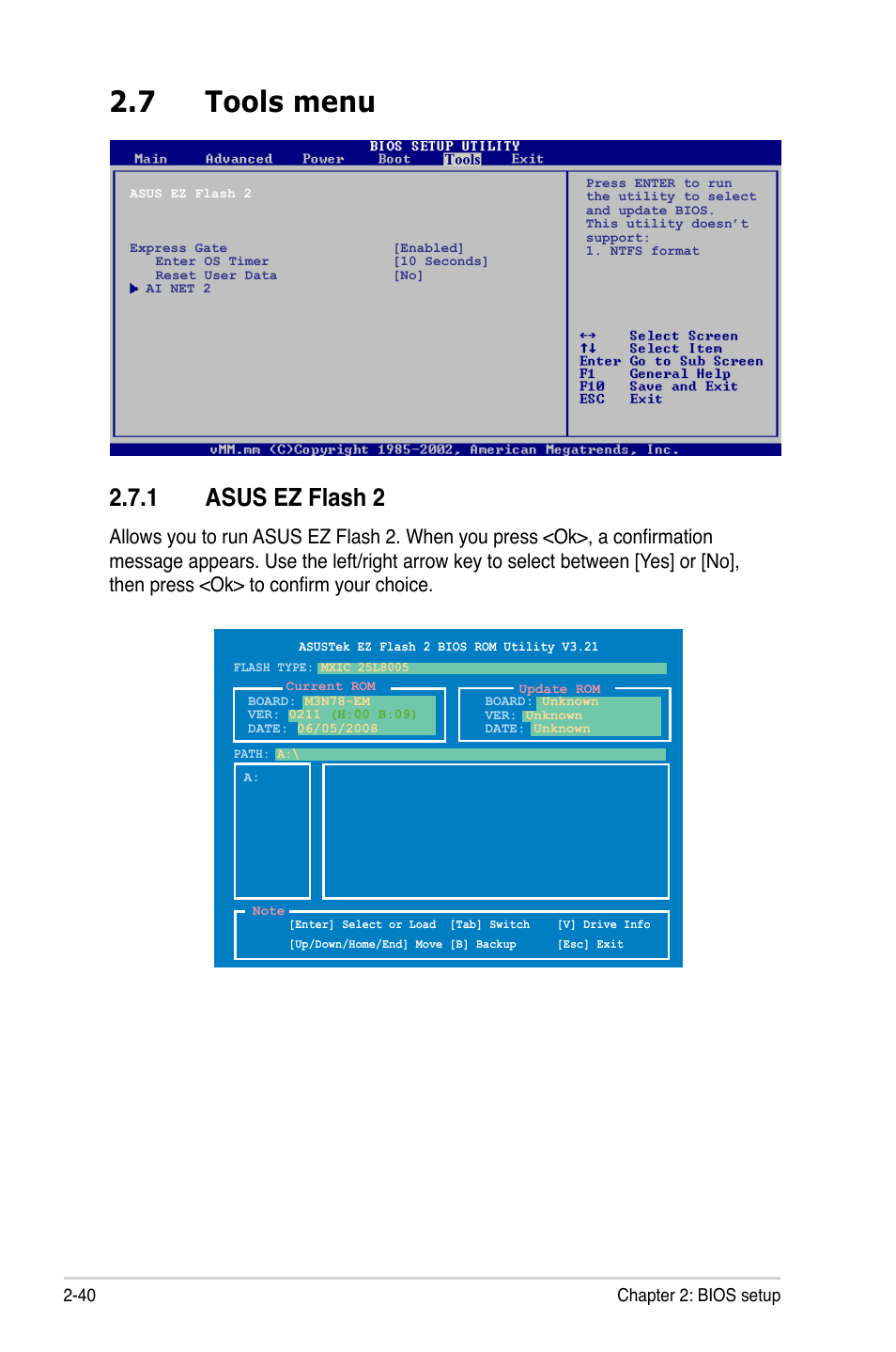 7 tools menu, 1 asus ez flash 2 | Asus M3N78-EM User Manual | Page 86 / 114