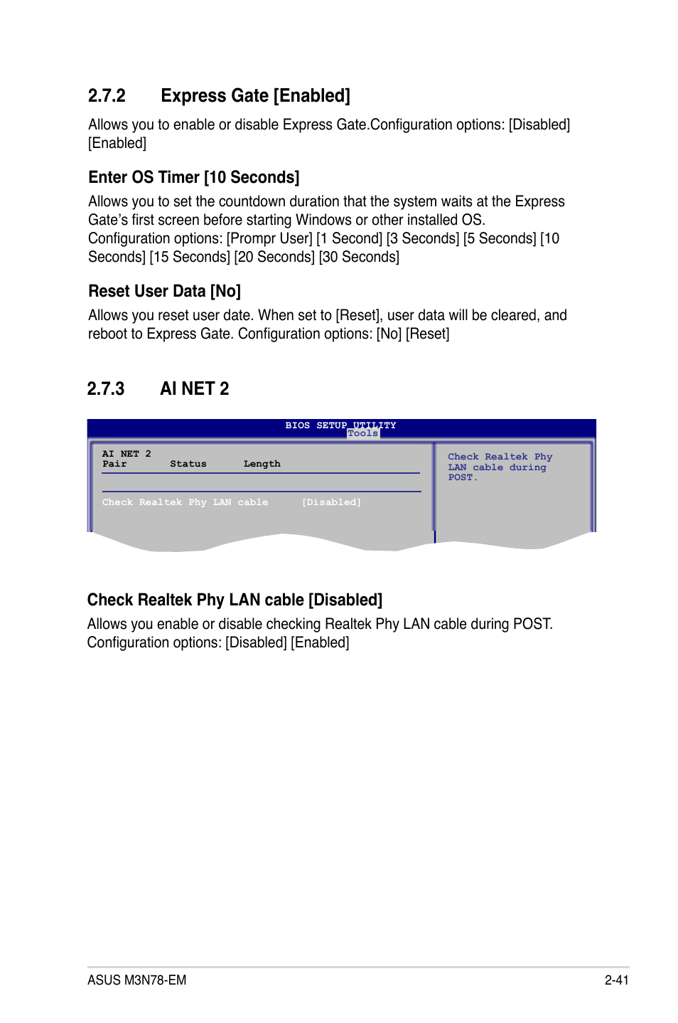 2 express gate [enabled, 3 ai net 2, Enter os timer [10 seconds | Reset user data [no, Check realtek phy lan cable [disabled | Asus M3N78-EM User Manual | Page 87 / 114