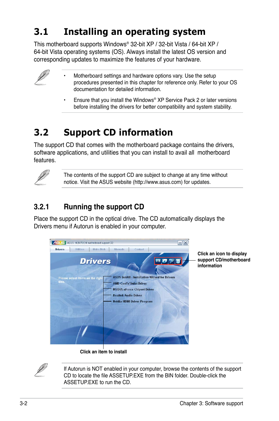 1 installing an operating system, 2 support cd information, 1 running the support cd | Asus M3N78-EM User Manual | Page 90 / 114