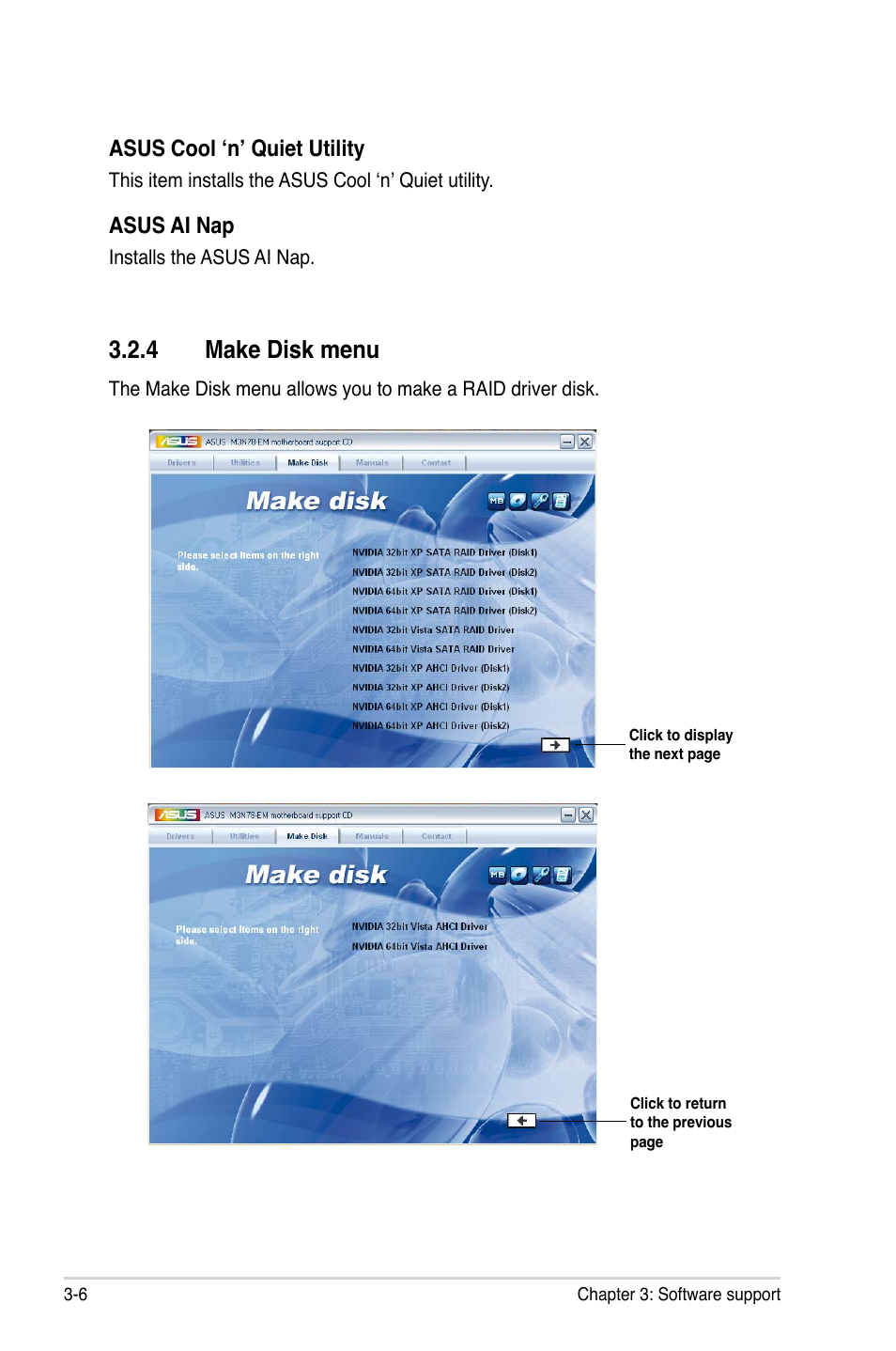 4 make disk menu, Asus cool ‘n’ quiet utility, Asus ai nap | Asus M3N78-EM User Manual | Page 94 / 114