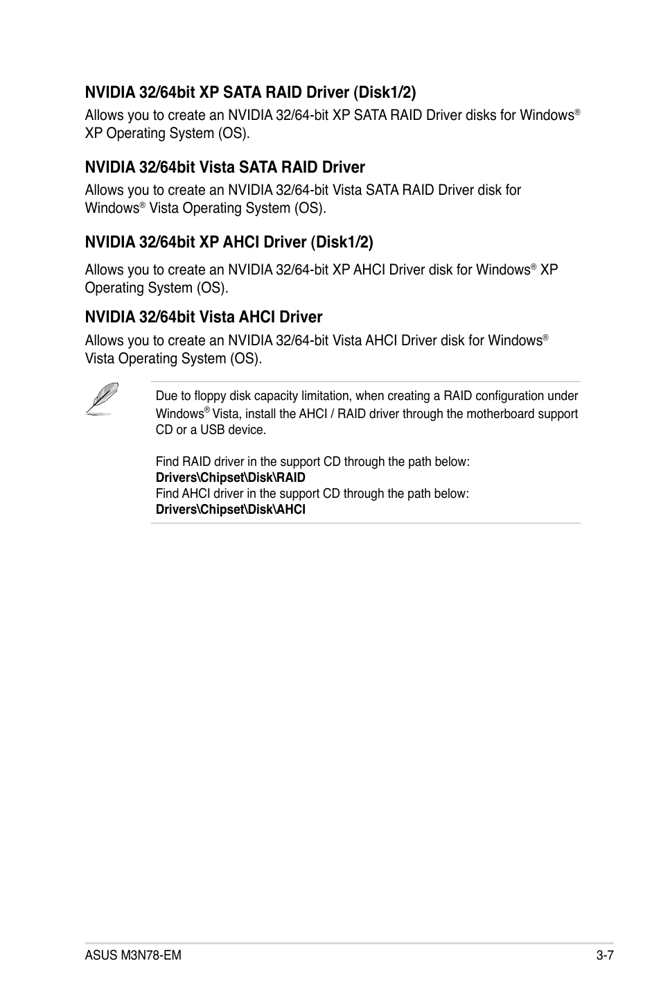 Nvidia 32/64bit vista sata raid driver, Nvidia 32/64bit vista ahci driver | Asus M3N78-EM User Manual | Page 95 / 114