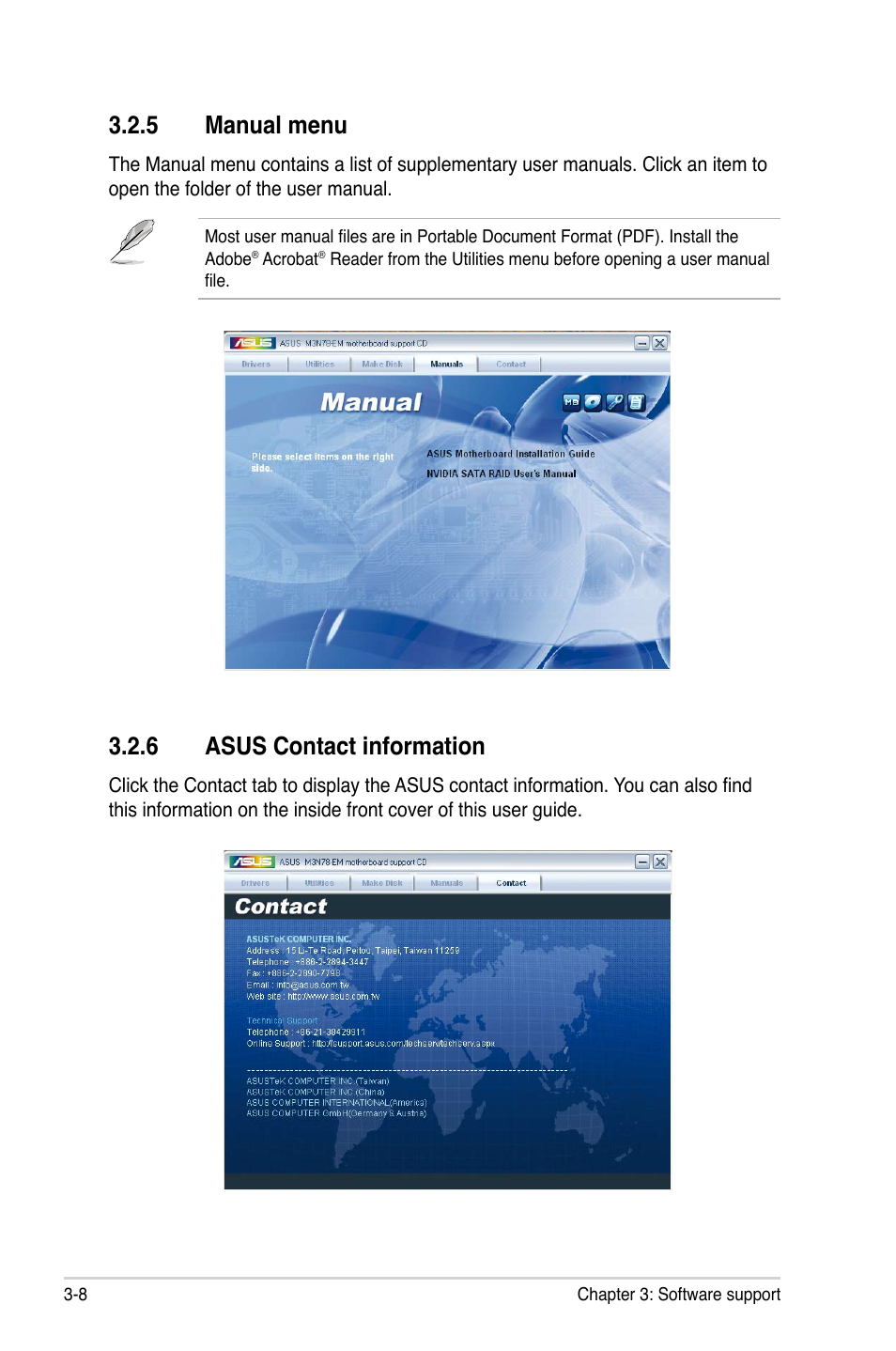 5 manual menu, 6 asus contact information | Asus M3N78-EM User Manual | Page 96 / 114