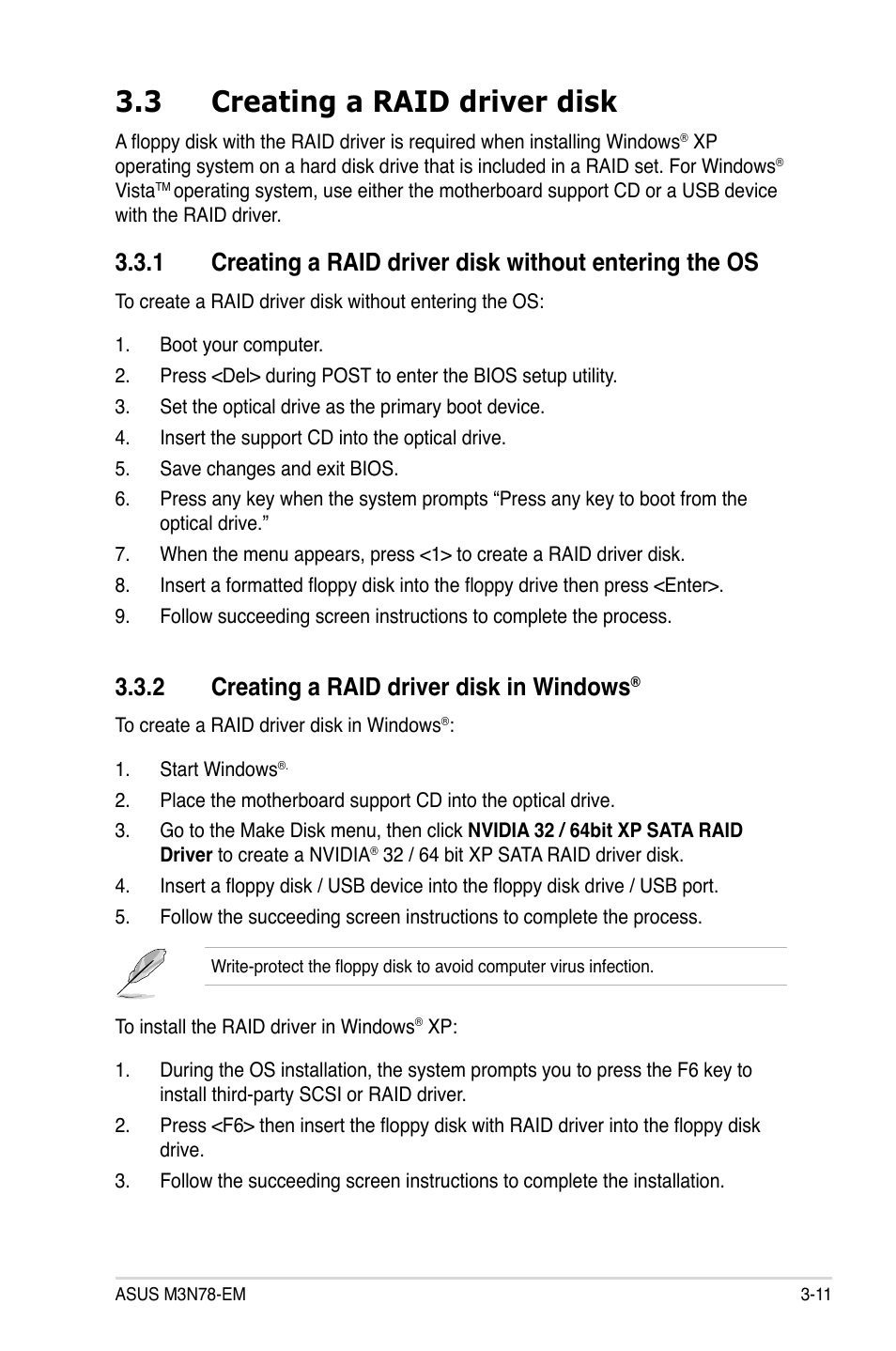 3 creating a raid driver disk, 2 creating a raid driver disk in windows | Asus M3N78-EM User Manual | Page 99 / 114