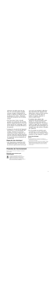 Risque de brûlure, Risque de choc électrique, Causes des dommages | Attention, Risque généré par l'emploi d'accessoires inadaptés, Protection de l'environnement, Élimination sans nuisances pour l'environnement | Neff N34K30N0 User Manual | Page 19 / 40