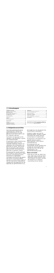 É inhoudsopgave[nl] gebruiksaanwijzing, M veiligheidsvoorschriften, Risico van brand | Inhoudsopgave, Ã= veiligheidsvoorschriften | Neff N34K30N0 User Manual | Page 31 / 40