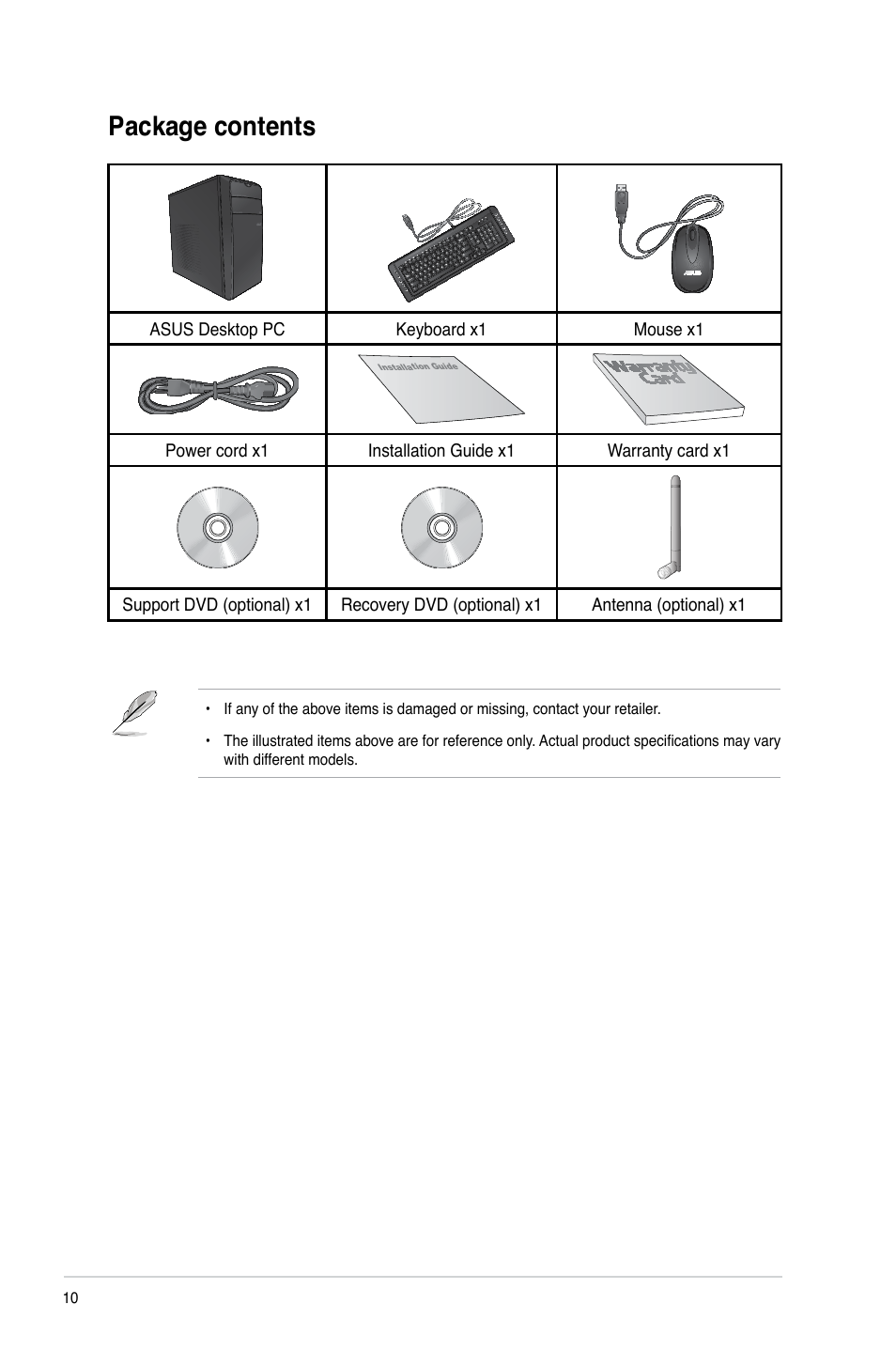 Package contents | Asus CM1745 User Manual | Page 10 / 68