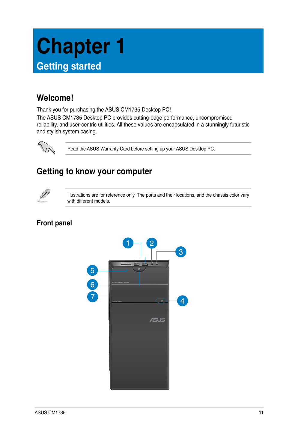 Chapter 1: getting started, Welcome, Getting to know your computer | Getting started, Welcome! getting to know your computer, Chapter 1 | Asus CM1745 User Manual | Page 11 / 68