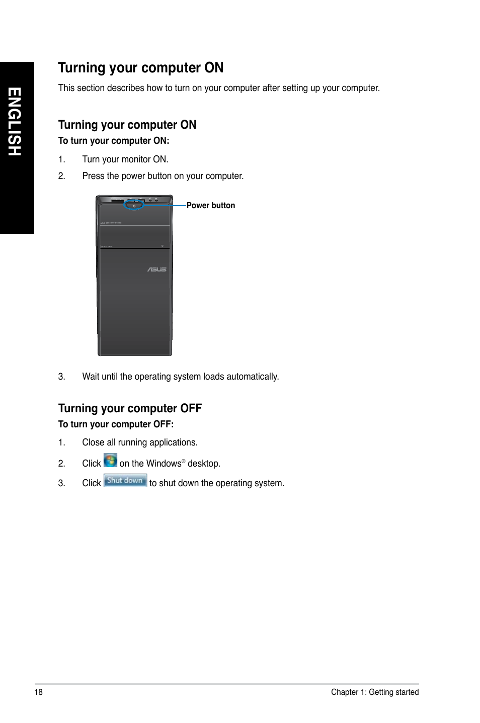 Turning your computer on, En gl is h en gl is h | Asus CM1745 User Manual | Page 18 / 68