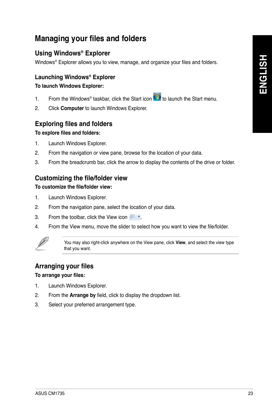 Managing your files and folders, En gl is h en gl is h | Asus CM1745 User Manual | Page 23 / 68