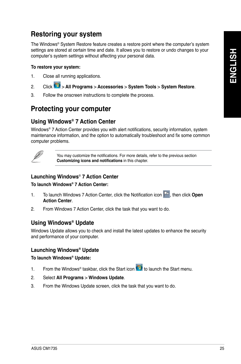 Restoring your system, Protecting your computer, En gl is h en gl is h | Asus CM1745 User Manual | Page 25 / 68