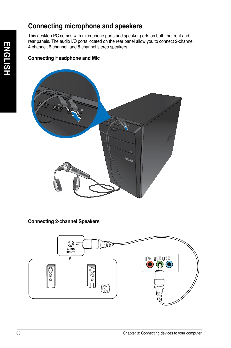 Connecting microphone and speakers, En gl is h en gl is h en gl is h en gl is h | Asus CM1745 User Manual | Page 30 / 68