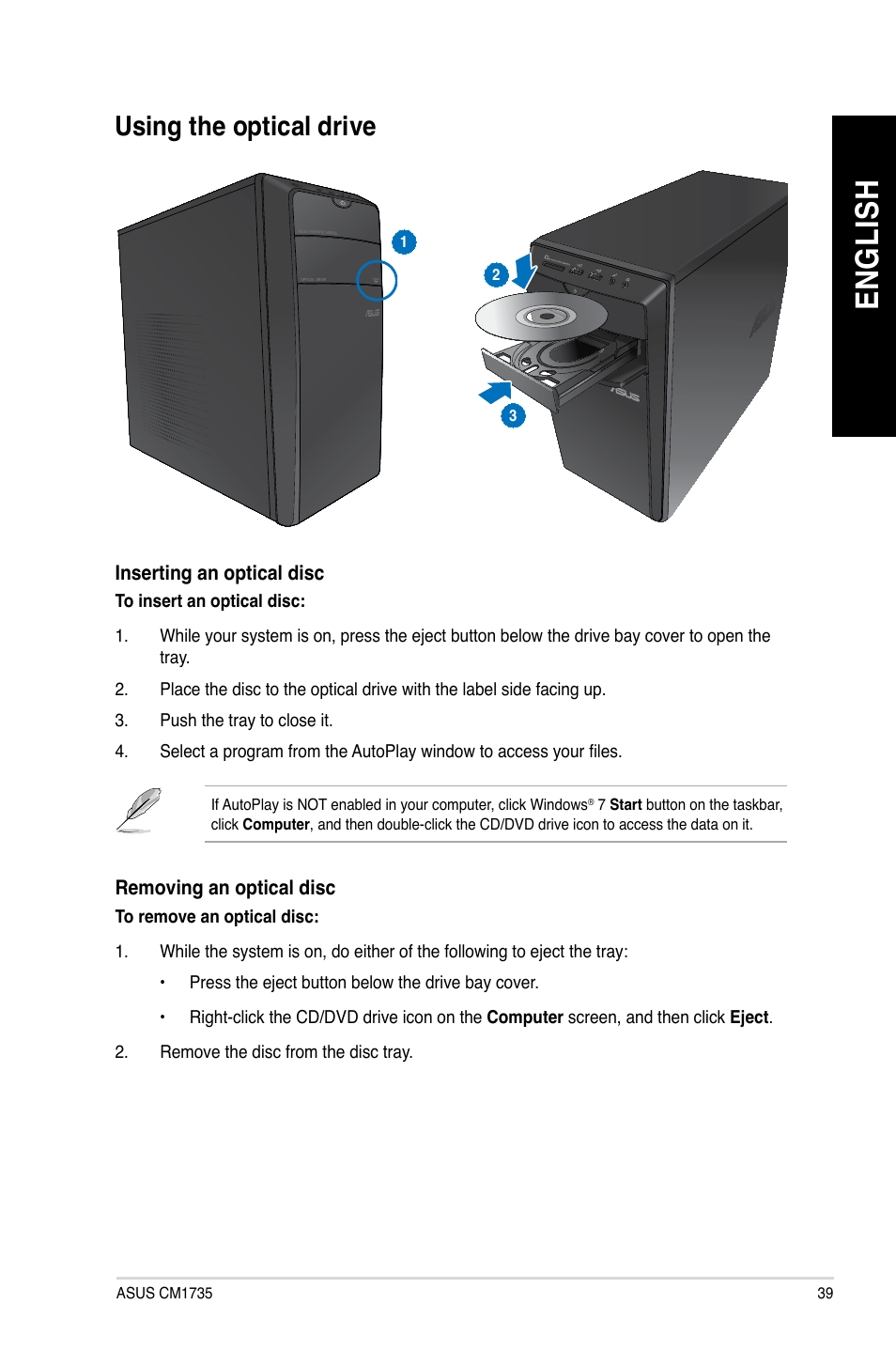 Using the optical drive, En gl is h en gl is h | Asus CM1745 User Manual | Page 39 / 68