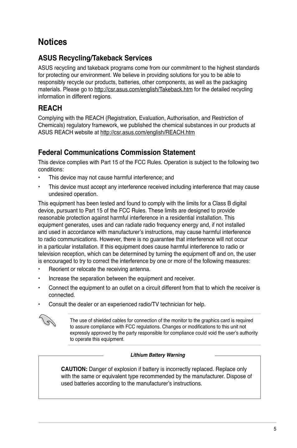 Notices, Asus recycling/takeback services, Reach | Federal communications commission statement | Asus CM1745 User Manual | Page 5 / 68