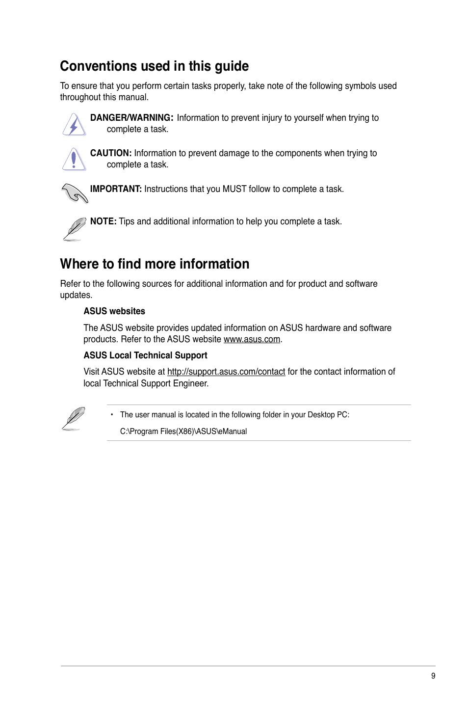 Conventions used in this guide, Where to find more information | Asus CM1745 User Manual | Page 9 / 68