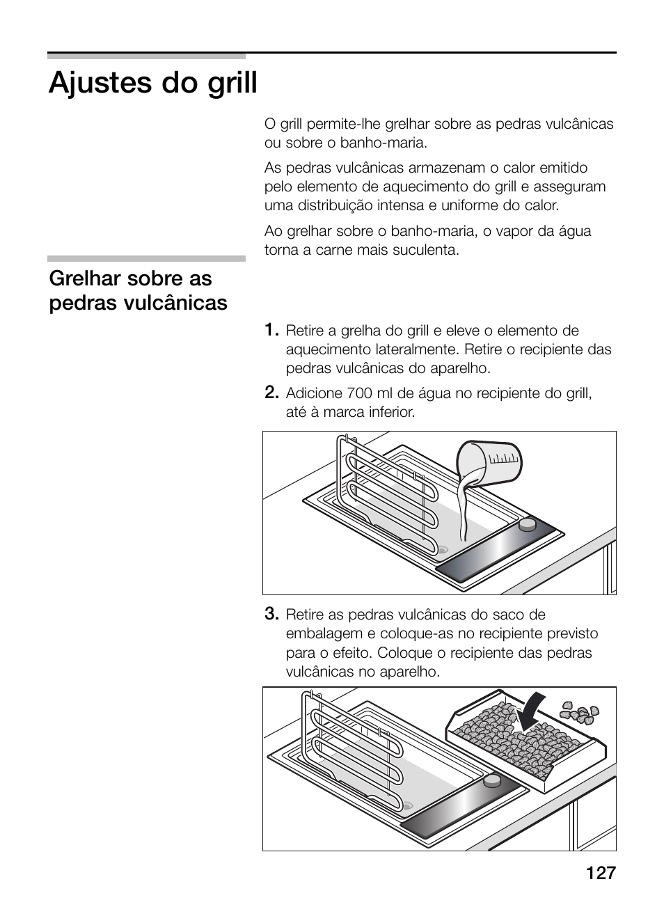 Ajustes do grill, Grelhar sobre as pedras vulcânicas | Neff N64K30N0 User Manual | Page 127 / 136