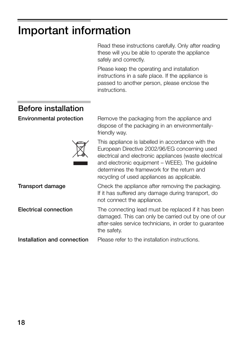 Important information, Before installation | Neff N64K30N0 User Manual | Page 18 / 136