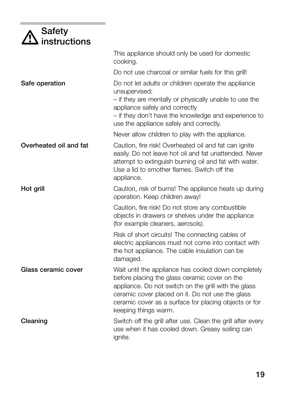 Safety, Instructions | Neff N64K30N0 User Manual | Page 19 / 136