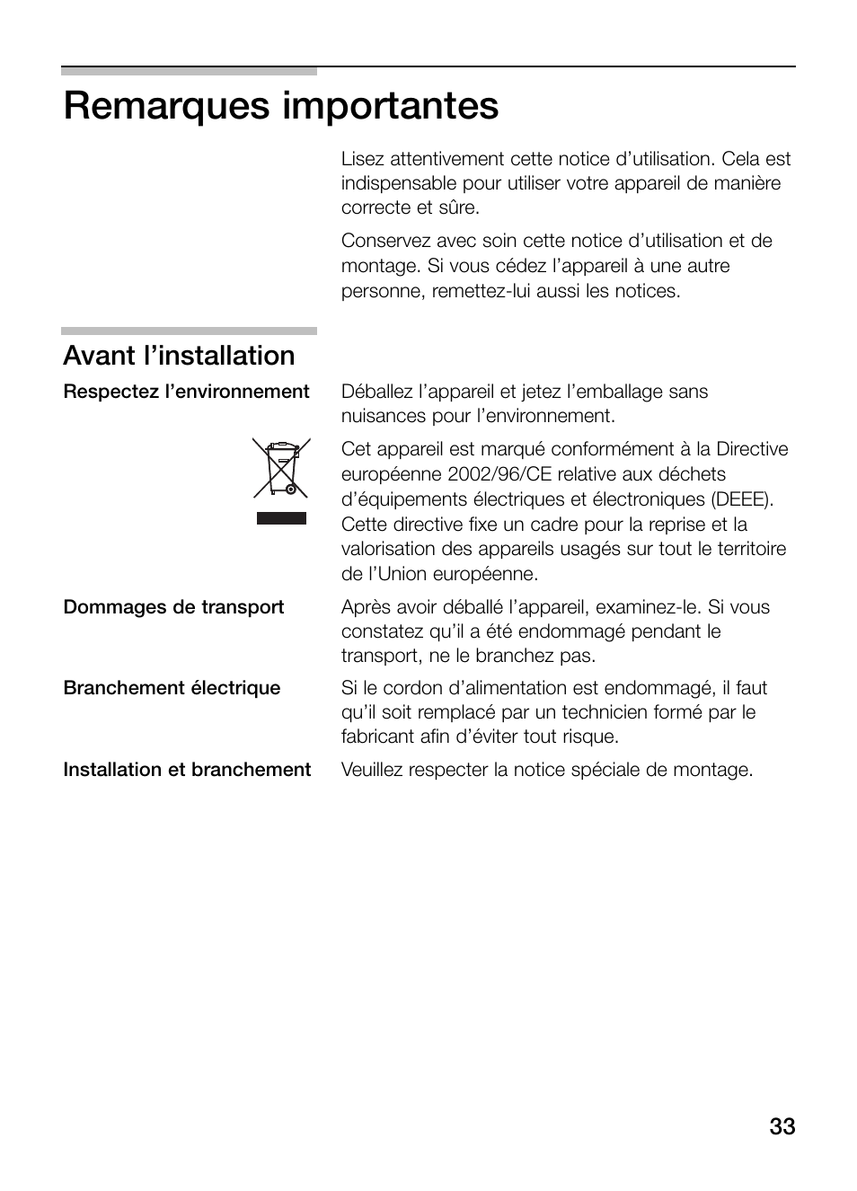 Remarques importantes, Avant l’installation | Neff N64K30N0 User Manual | Page 33 / 136