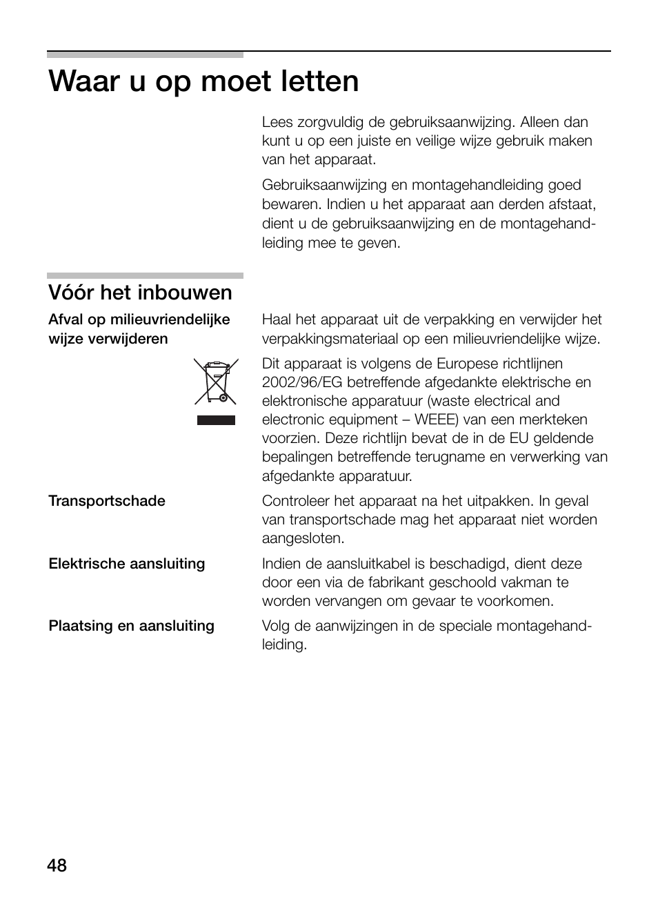 Waar u op moet letten, Vóór het inbouwen | Neff N64K30N0 User Manual | Page 48 / 136