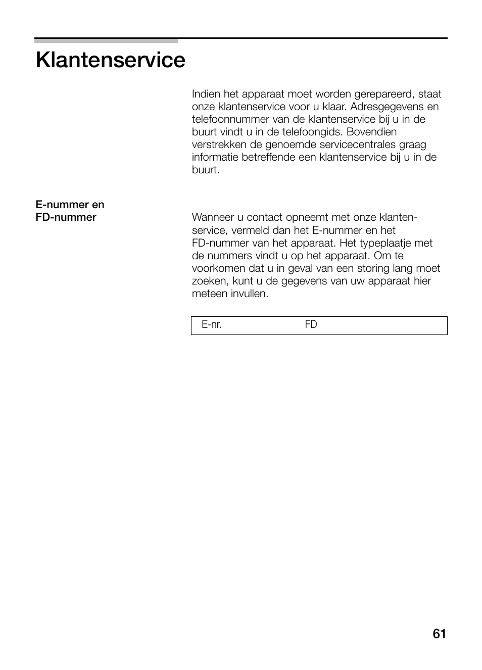 Klantenservice | Neff N64K30N0 User Manual | Page 61 / 136