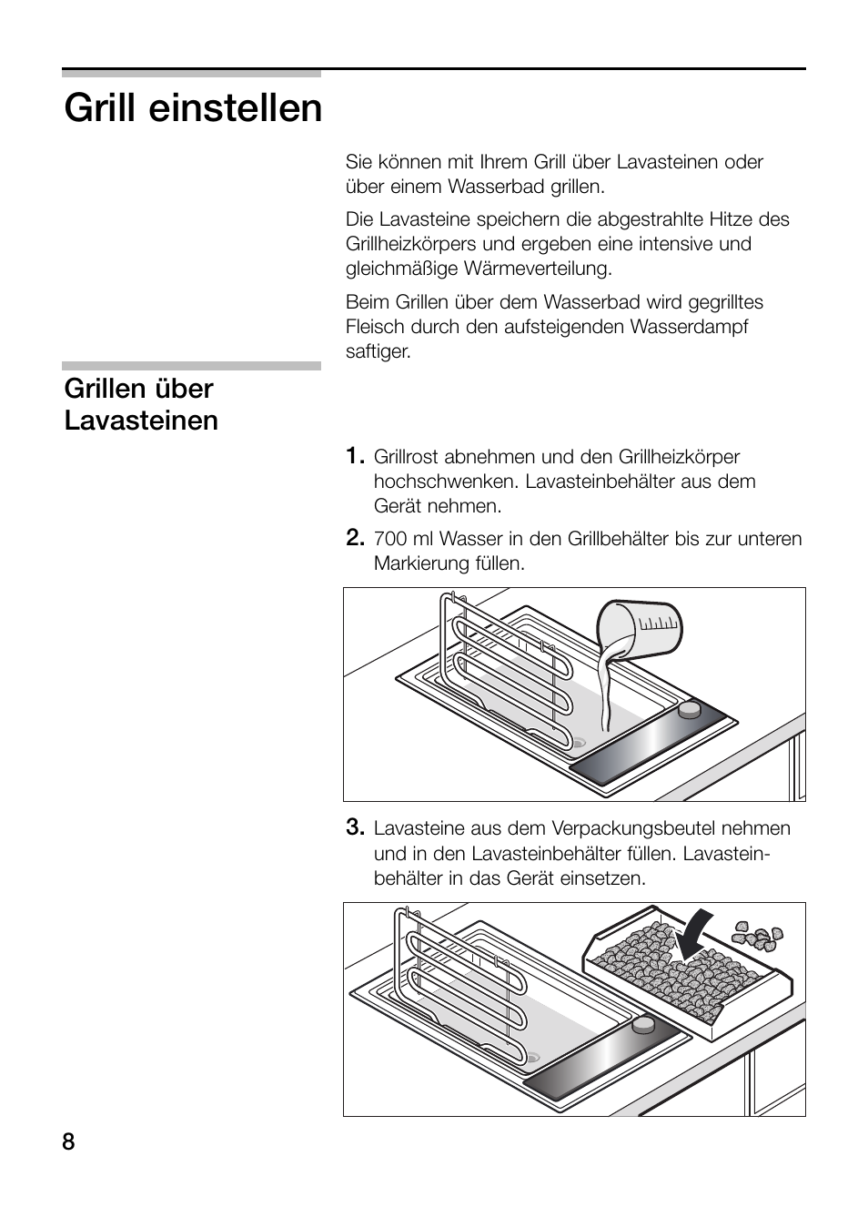 Grill einstellen, Grillen über lavasteinen | Neff N64K30N0 User Manual | Page 8 / 136