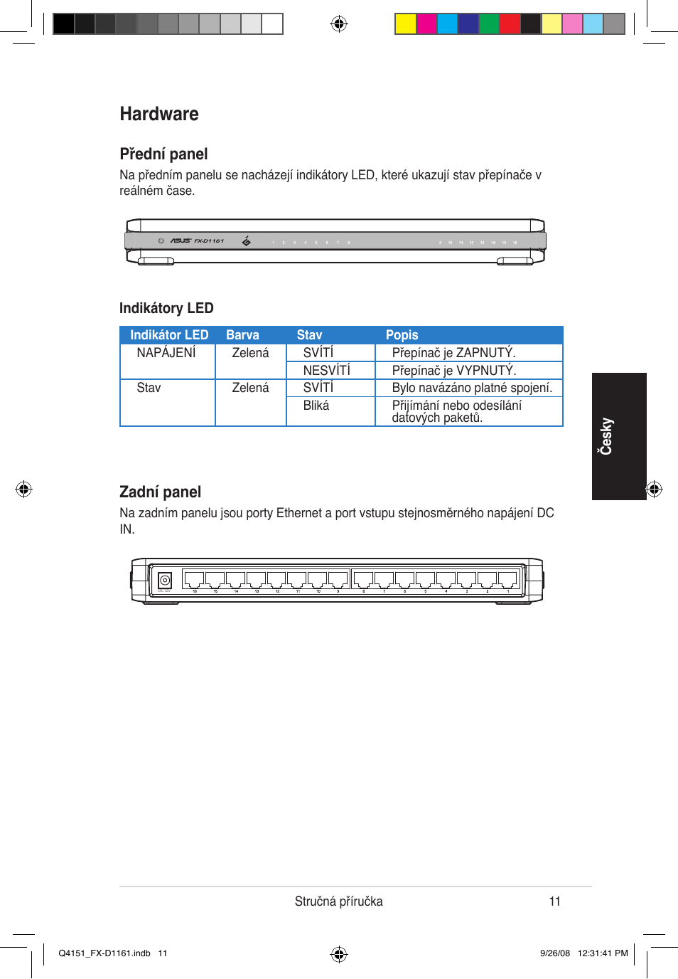 Hardware, Přední panel, Zadní panel | Asus FX-D1161 User Manual | Page 12 / 87