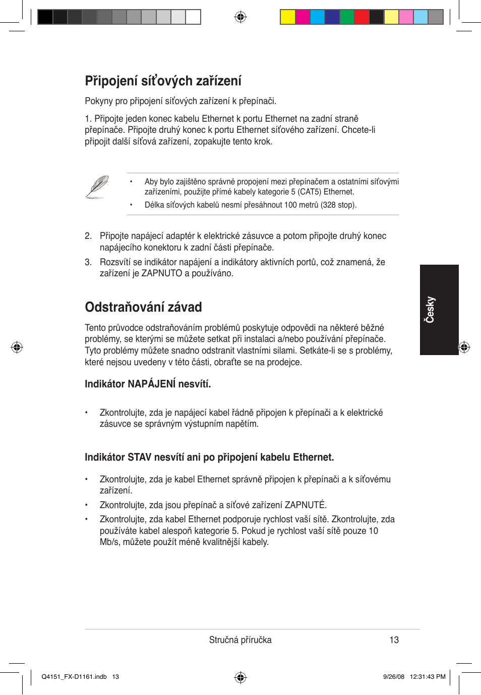 Připojení síťových zařízení, Odstraňování závad | Asus FX-D1161 User Manual | Page 14 / 87