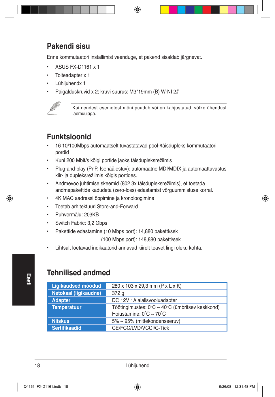 Pakendi sisu, Funktsioonid, Tehnilised andmed | Asus FX-D1161 User Manual | Page 19 / 87