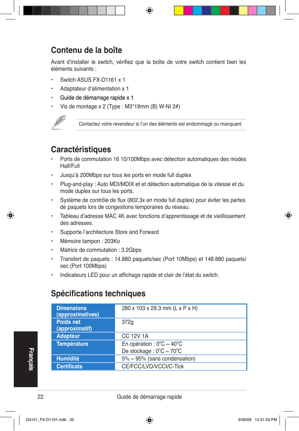 Contenu de la boîte, Caractéristiques, Spécifications techniques | Asus FX-D1161 User Manual | Page 23 / 87
