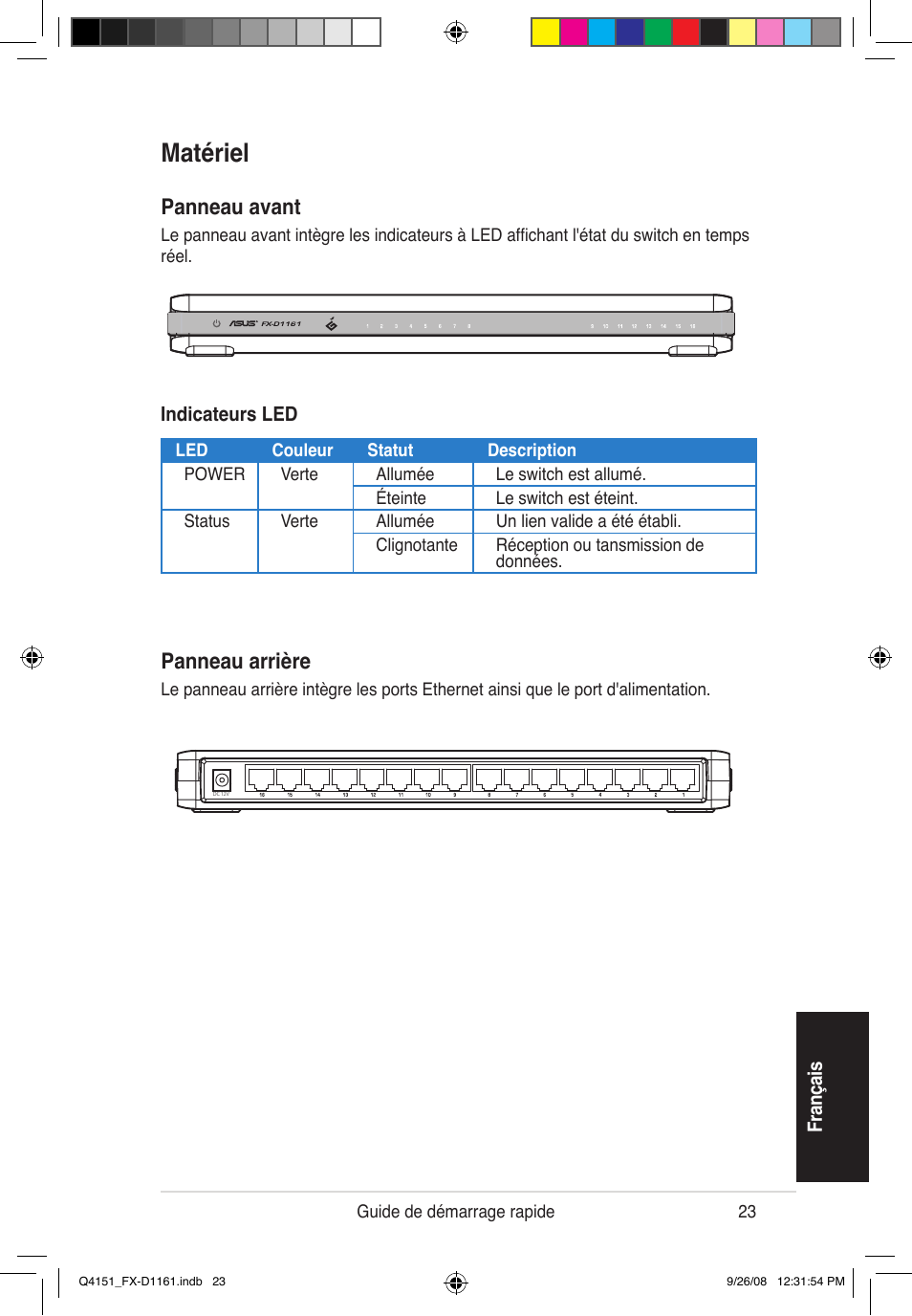 Matériel, Panneau avant, Panneau arrière | Asus FX-D1161 User Manual | Page 24 / 87