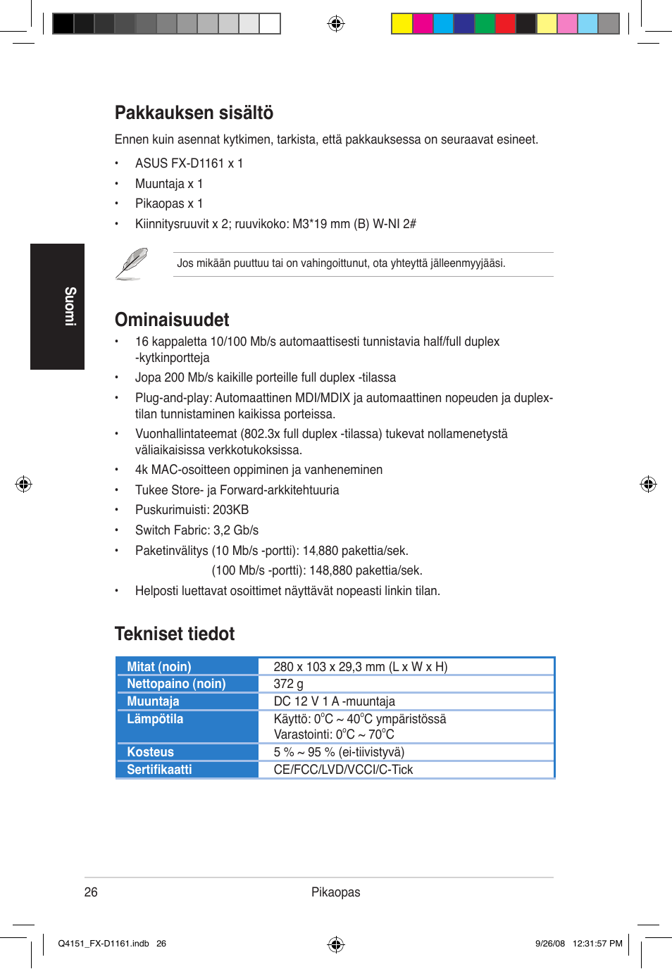 Pakkauksen sisältö, Ominaisuudet, Tekniset tiedot | Asus FX-D1161 User Manual | Page 27 / 87
