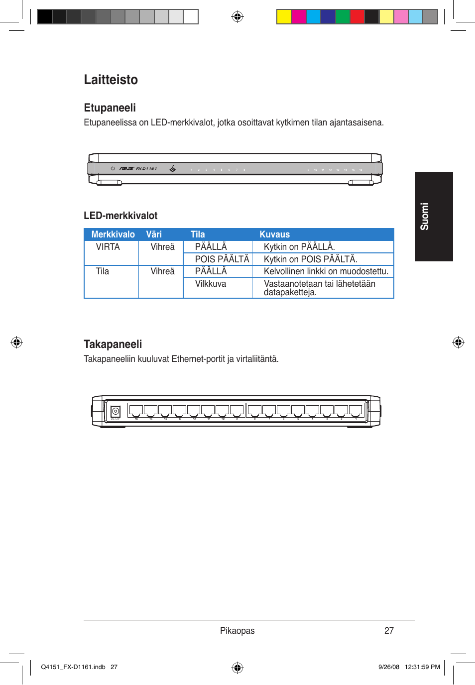 Laitteisto, Etupaneeli, Takapaneeli | Asus FX-D1161 User Manual | Page 28 / 87