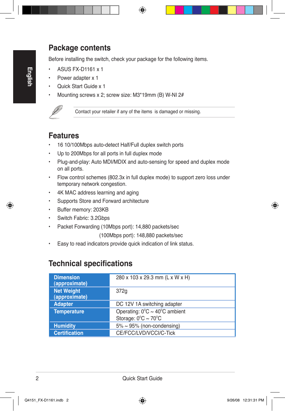 Package contents, Features, Technical specifications | Asus FX-D1161 User Manual | Page 3 / 87