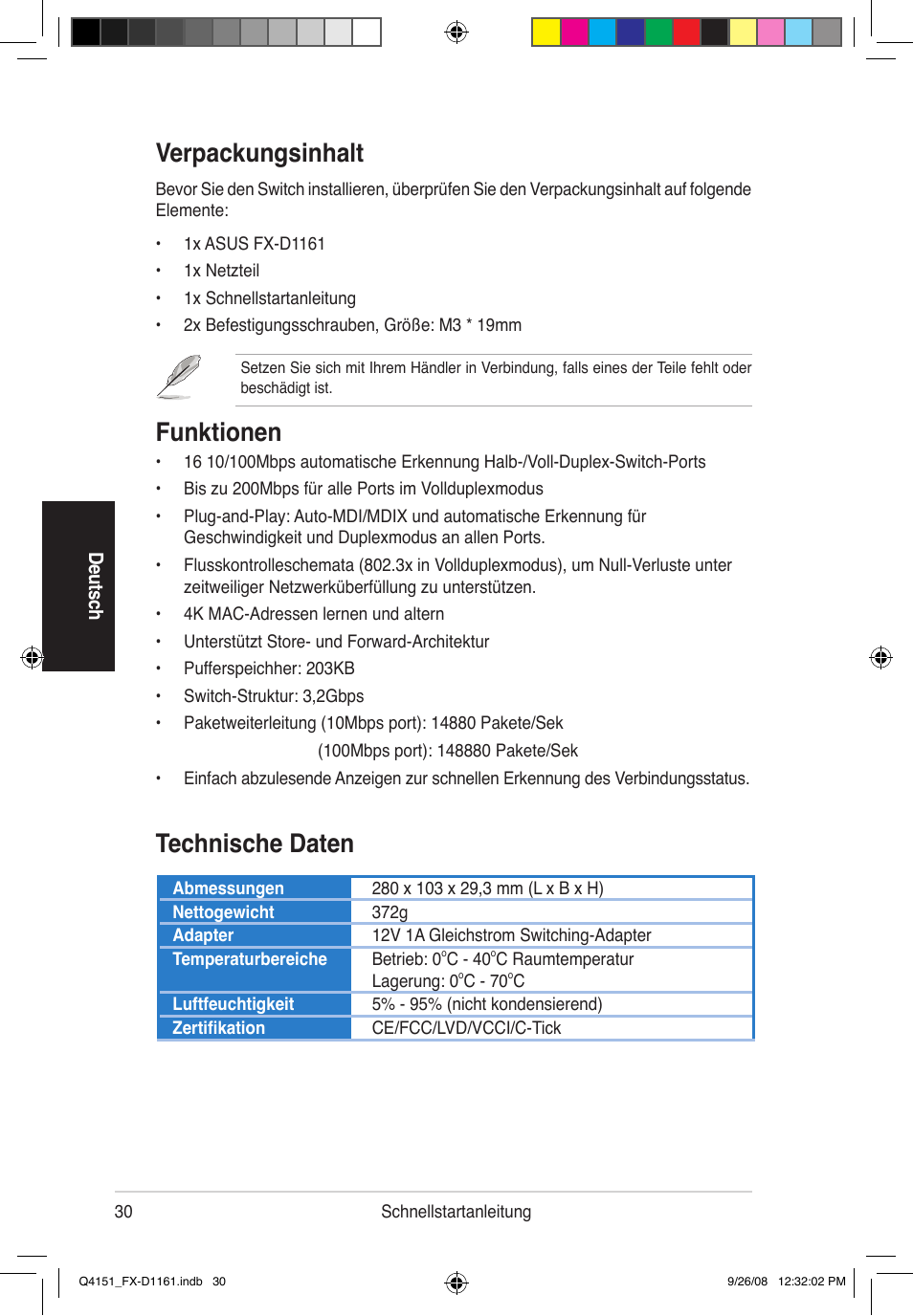 Verpackungsinhalt, Funktionen, Technische daten | Asus FX-D1161 User Manual | Page 31 / 87